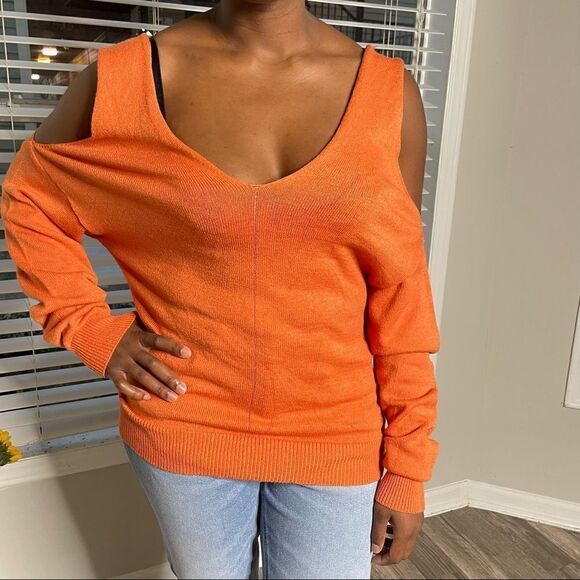 Vintage Orange Cutout Cold Shoulder Double V neck Sweater - Picture 3 of 12